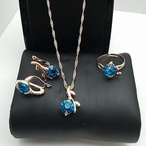 Gold Tone Earrings, Ring & 18" Necklace Set Teal